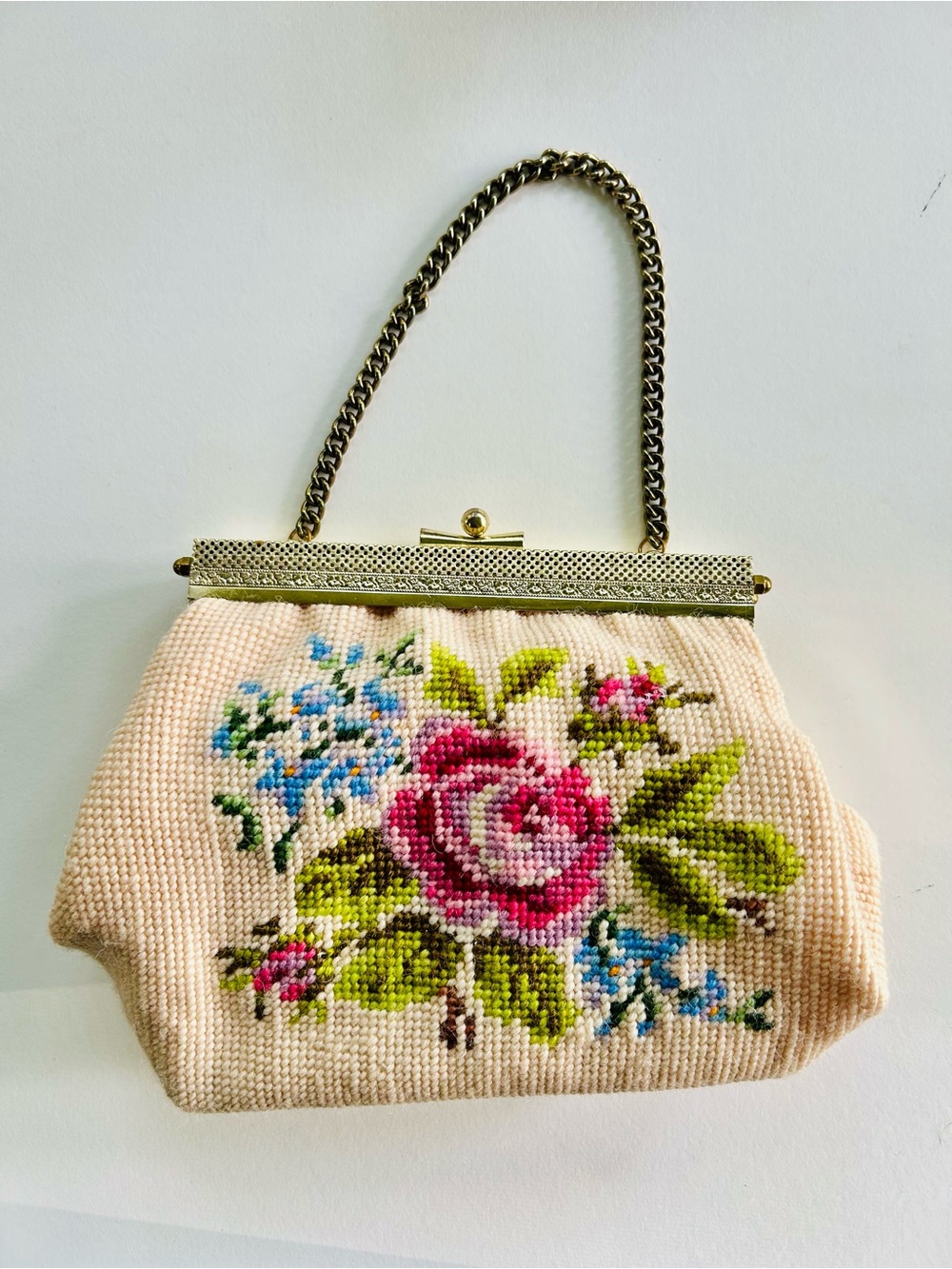 Vintage Flower Embroidered Needlepoint Purse Clutch Handbag Floral Handmade